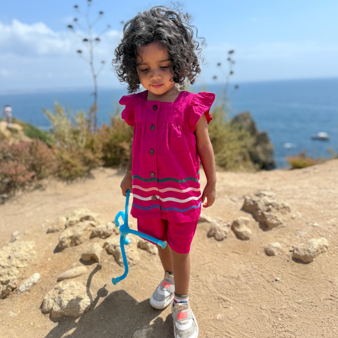 Mira Embroidered Printed Flutter Sleeve Top & Matching Shorts Set in Rani Pink