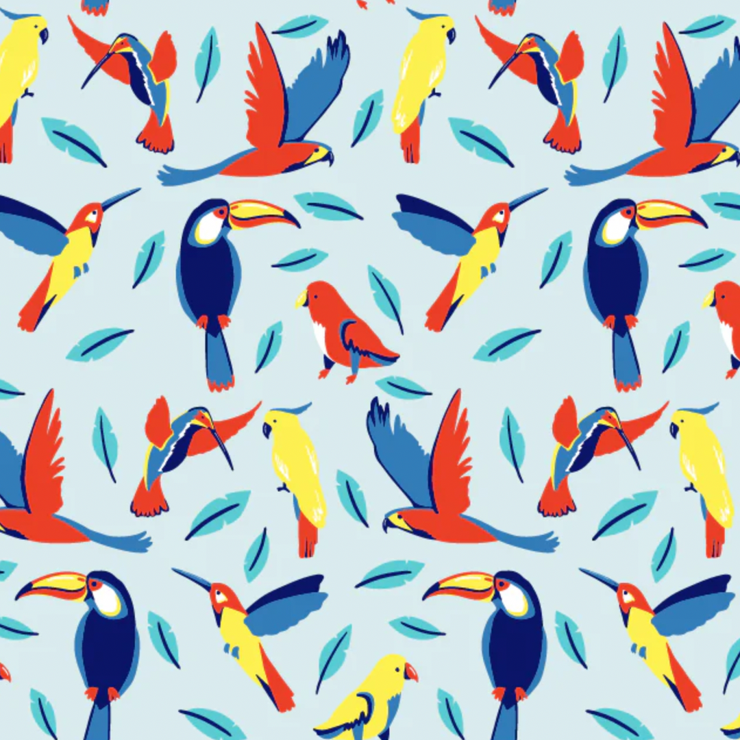 Colorful pattern of toucans and leaves on a light blue background